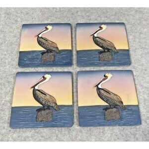 Pelican‎ Ceramic Coaster for Drinks 4 Piece Set Cork Base Ocean Bird Beach Theme